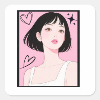 Adesivo Quadrado Divertido & Estético: Garota Kawaii Rosa Aesthet