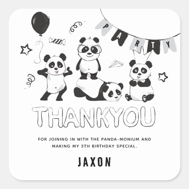 Adesivo Quadrado Divertido Moderno Panda Obrigado Aniversário de cr (Frente)