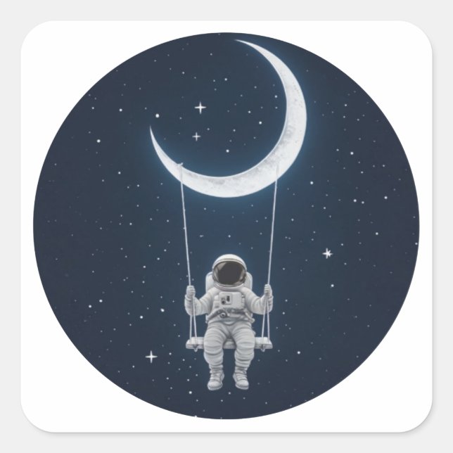 Adesivo Quadrado Divertido no espaço - Astronauta balançando na lua (Frente)
