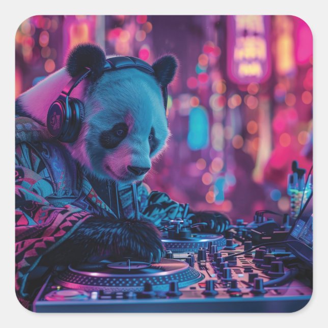 Adesivo Quadrado DJ Panda com fones de ouvido (Frente)