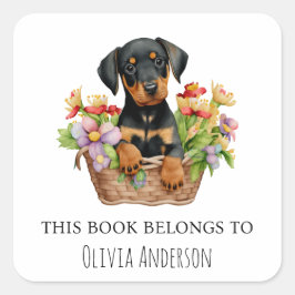 Adesivo Quadrado Doberman Puppy em Flower Basket Este livro pertenc