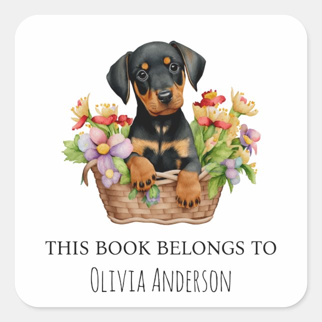 Adesivo Quadrado Doberman Puppy em Flower Basket Este livro pertenc (Frente)
