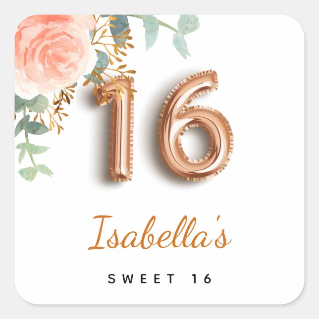 Adesivo Quadrado Doce 16 monograma floral de rosa de ouro eucalipto (Frente)