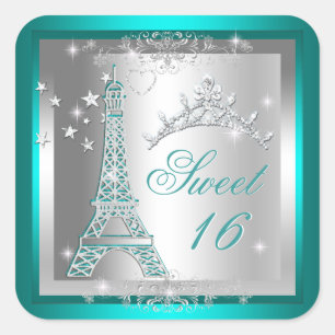 Adesivo Quadrado Doce 16 Torre Eiffel Tiara Azul Turquesa