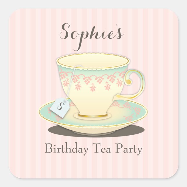 Adesivo Quadrado Doce Chic Birthday Teacup Tea Party Sticker (Frente)