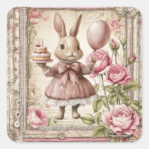 Adesivo Quadrado Doce coelhinho rosa de aniversário