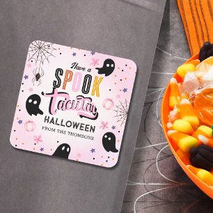 Adesivo Quadrado Doce Fantasma de Halloween Assustador Rosa Preto F