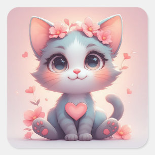 Adesivo Quadrado Doce Gatinho Com Flores E Corações De Amor Fofo 🌼
