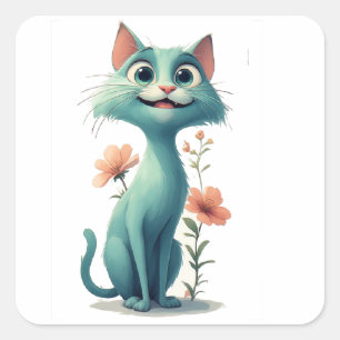 Adesivo Quadrado Doce Gatinho Com Flores E Corações De Amor Fofo 🌼