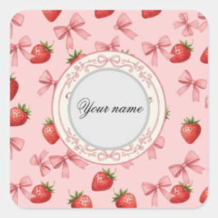 Adesivo Quadrado Doce Morango Rosa e Laços Padrão Nome Personalizad