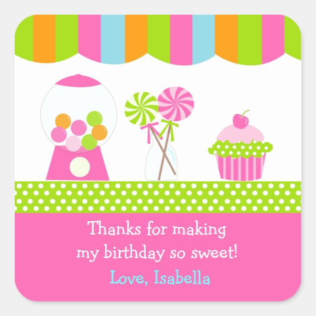 Adesivo Quadrado Doce Shoppe Candy Birthday Pary Favor Stickers (Frente)