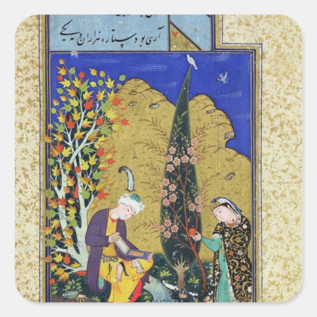 Adesivo Quadrado Dois amantes em um pomar de flores (Frente)