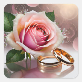 Adesivo Quadrado Dois anéis de casamento com uma rosa de rosa claro