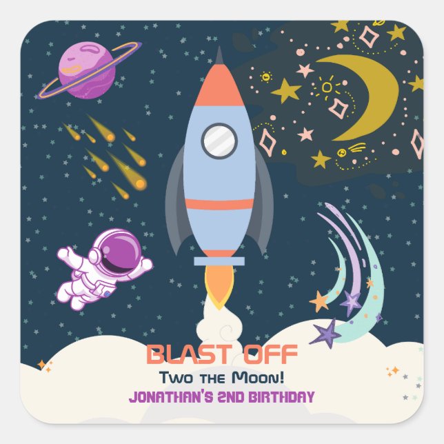 Adesivo Quadrado Dois ao Menino Lua Espaço Foguete 2º Aniversário (Frente)