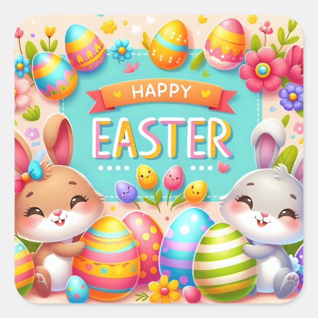 Adesivo Quadrado Dois Bunnies Celebrando Páscoa (Frente)