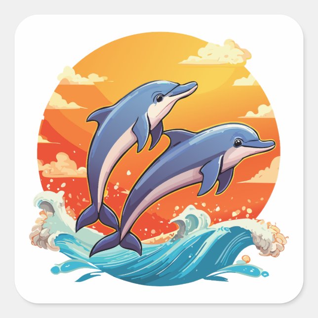 Adesivo Quadrado Dois golfinhos de desenho animado saltando (Frente)