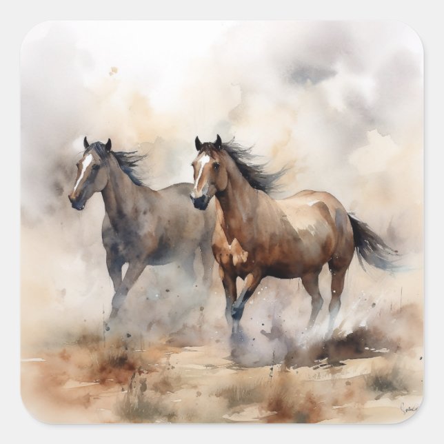 Adesivo Quadrado "Dois Mustangs Selvagens" Dusty Western Watercolor (Frente)