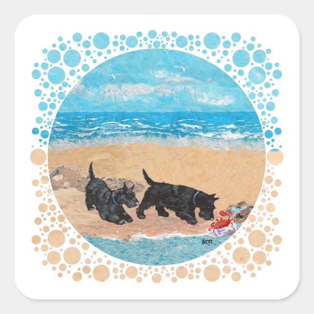 Adesivo Quadrado Dois Scotties na Praia (Frente)