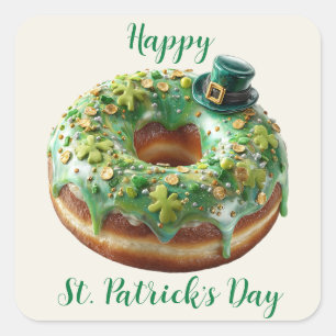 Adesivo Quadrado Donut do Dia de São Patrício Feliz com Chapéu de L