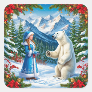 Adesivo Quadrado Donzela de Neve com Decoração Festiva e Urso Polar