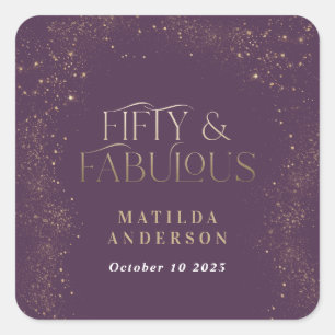 Adesivo Quadrado Dourada brilho roxo 50 e festa de aniversário fabu