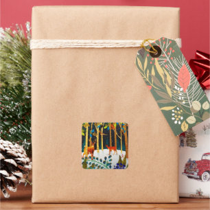 Adesivo Quadrado Dourada Cozy Winter Deer Forest Watercolor