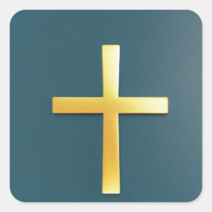 Adesivo Quadrado Dourada cruz no Blue Background Sticker