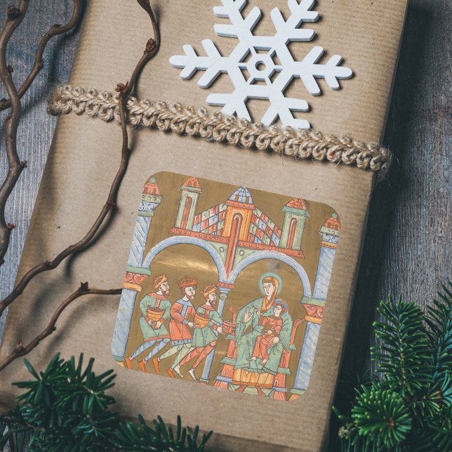 Adesivo Quadrado Dourada Elegibilidade Epiphany Natal Medieval (Gold Elegant Epiphany Three Kings Catholic Christian Christmas Nativity Scene Medieval Gift Sticker)