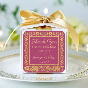 Adesivo Quadrado Dourada Elephant & Lotus Wedding Return Gift Favor