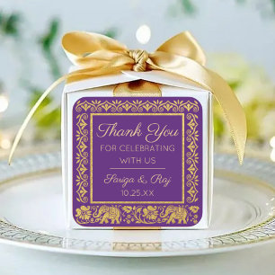 Adesivo Quadrado Dourada Elephant & Lotus Wedding Return Gift Favor