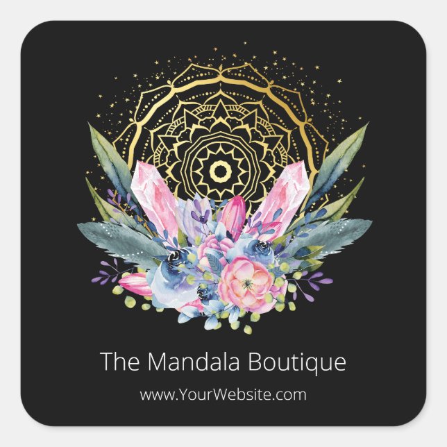 Adesivo Quadrado Dourada Foto Espiritual  de Cristais Rosa Mandala (Frente)