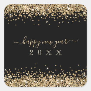 Adesivo Quadrado Dourada Glitter Borders Feliz ano novo Script Pret