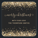 Adesivo Quadrado Dourada Glitter Merry Christmas Script Names Black<br><div class="desc">Dourada Glitter Feliz Nomes De Manuscrito De Natal Preto. Personalize facilmente o texto.</div>