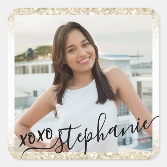Adesivo Quadrado Dourada Glitter XOXO Obrigado Foto do Partido (Frente)