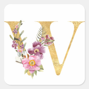Adesivo Quadrado Dourada letra de MONOGRAMA W com flor