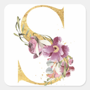 Adesivo Quadrado Dourada letra S MONOGRAM com flor