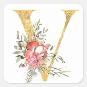 Adesivo Quadrado Dourada letra V MONOGRAM com flor