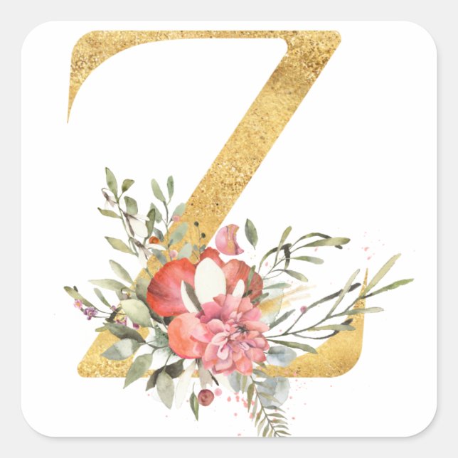 Adesivo Quadrado Dourada letra Z MONOGRAM com flor (Frente)