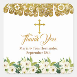 Adesivo Quadrado Dourado Baptism Fiesta Twin Obrigado Tag