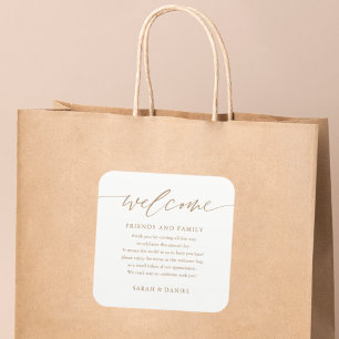 Adesivo Quadrado Dourado Casamento Elegante Bem-Vindo Gift Bag Bask