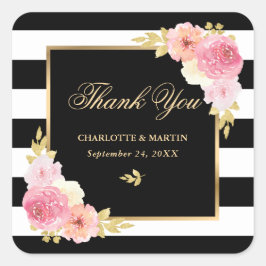 Adesivo Quadrado Dourado Casamento Floral de Black White Stripes, O