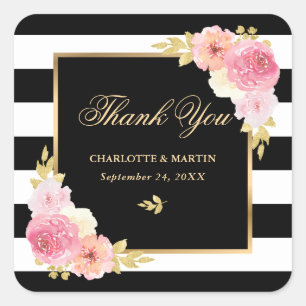 Adesivo Quadrado Dourado Casamento Floral de Black White Stripes, O