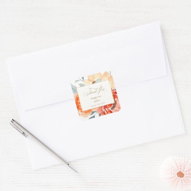 Adesivo Quadrado Dourado Casamento Floral de Blush Elegante Obrigad (Envelope)