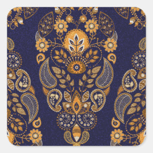 Adesivo Quadrado Dourado e azul, padrão floral sem costura.