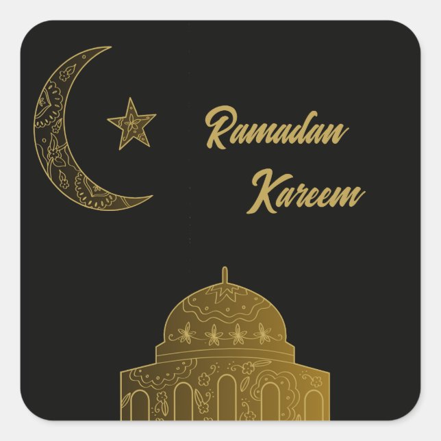 Adesivo Quadrado Dourado e negro feliz Ramadan Kareem 2024 (Frente)