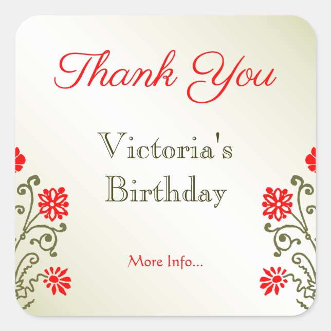 Adesivo Quadrado Dourado e Red Floral Obrigado Elegante (Frente)