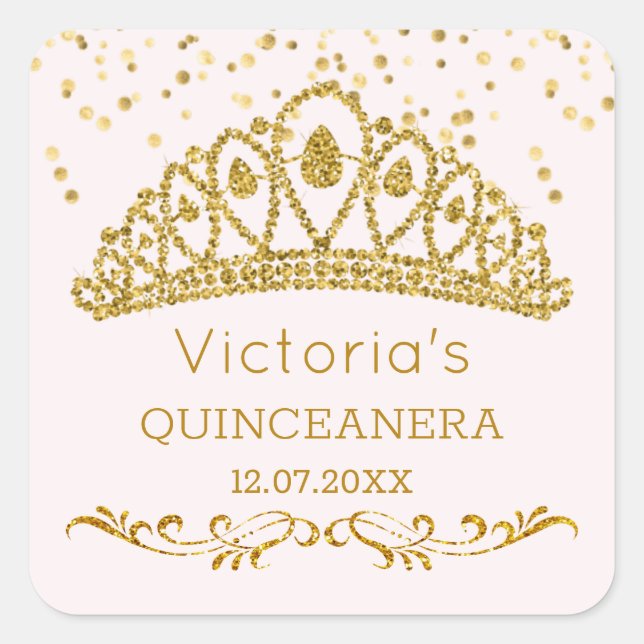 Adesivo Quadrado Dourado efeito de brilho tiara, confete Quinceaner (Frente)