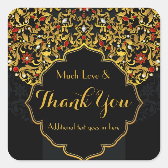 Adesivo Quadrado Dourado Floral Vermelho Vermelho, Obrigado (Frente)
