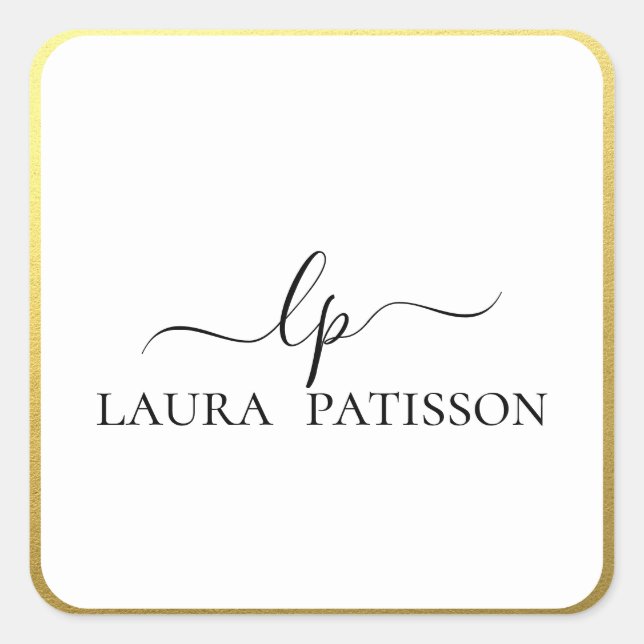 Adesivo Quadrado Dourado guião chic elegante com monograma (Frente)