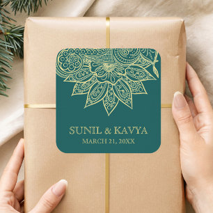 Adesivo Quadrado Dourado Mar Verde Mehendi Henna, Favor do Casament